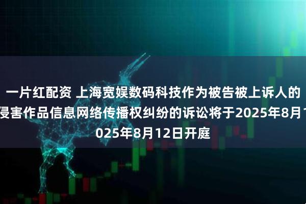 一片红配资 上海宽娱数码科技作为被告被上诉人的1起涉及侵害作品信息网络传播权纠纷的诉讼将于2025年8月12日开庭